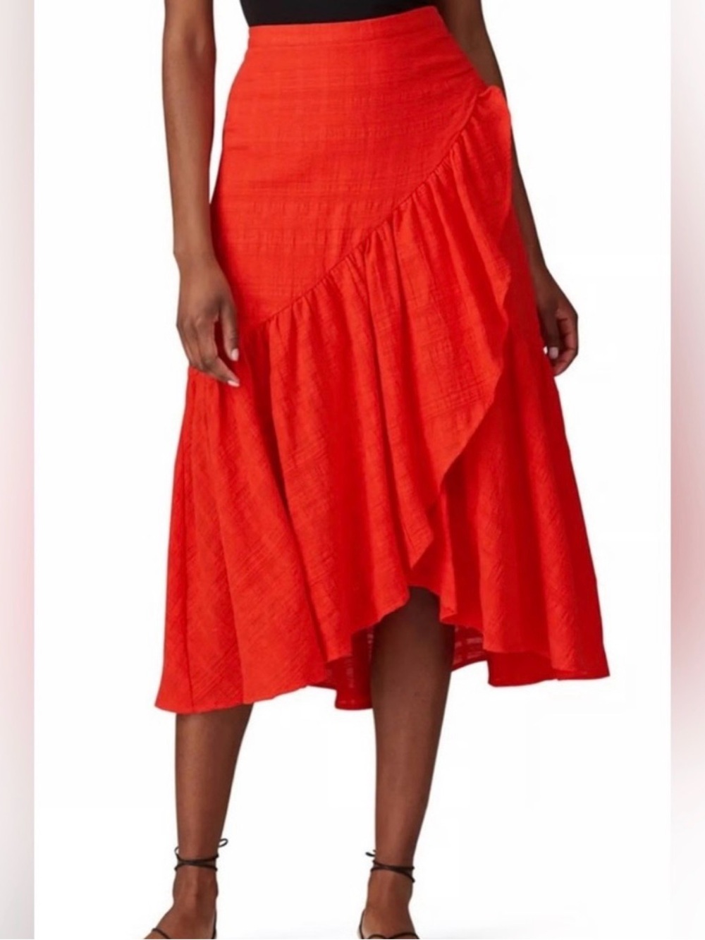 Love Whit Red Orange Asymmetric Ruffle Midi Skirt Textured Embossed Cotton